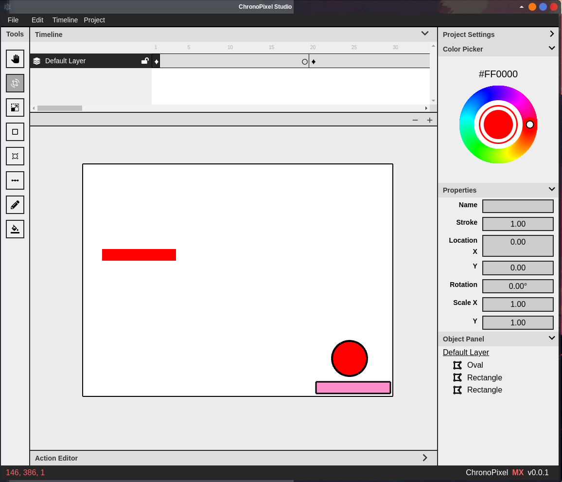 My ChronoPixel project demonstrating the new color picker which has an ugly green color actively selected and some shapes on screen which are orange.