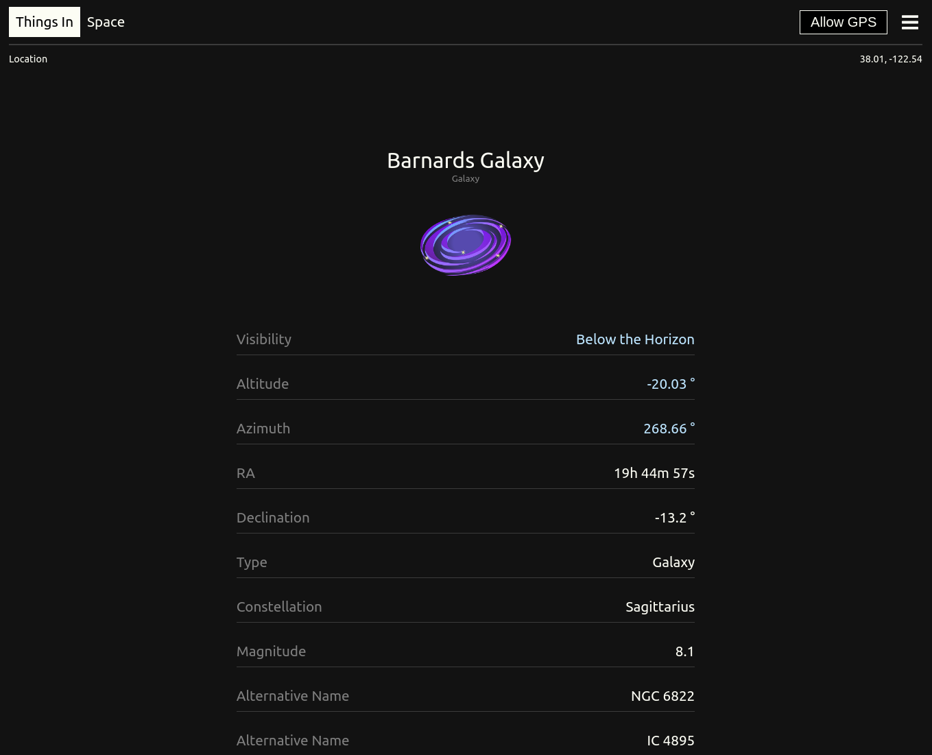 My own celestial search-engine which also tells you the altitude and azimuth relative to your gps location.